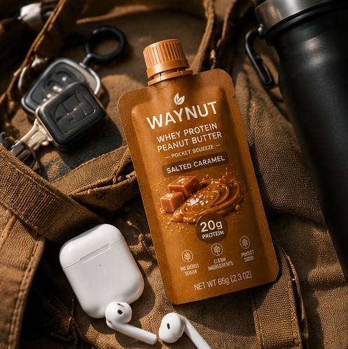Salted Caramel pouch in an everyday-carry flat lay with keys and earbuds
